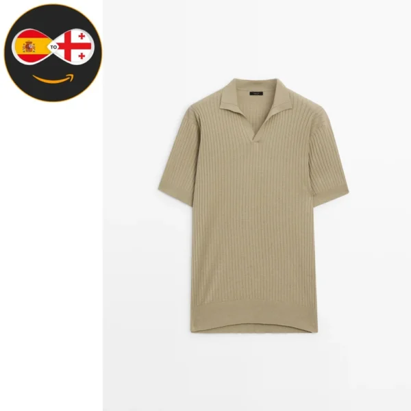 Massimo Dutti Ribbed knit cotton and linen blend polo shirt (CREAM)