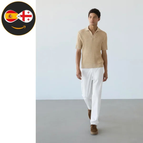 Massimo Dutti Short sleeve ribbed knit polo sweater (ECRU)