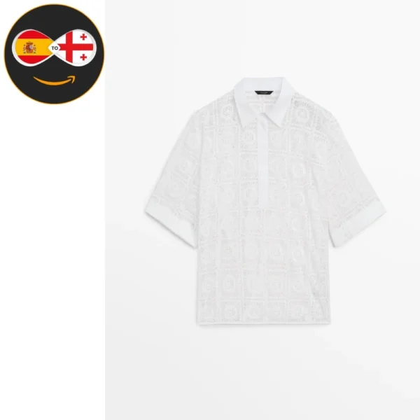 Massimo Dutti Embroidered crochet co-ord shirt (WHITE)