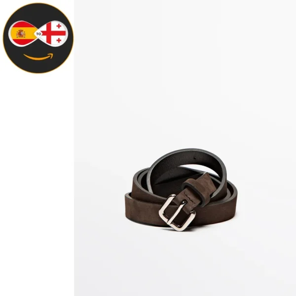 Massimo Dutti Leather belt with square buckle (BROWN)