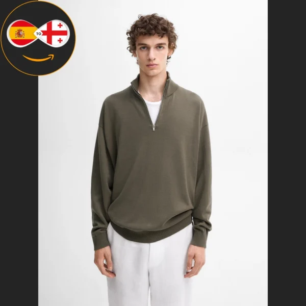 Massimo Dutti Knit cotton sweater with mock neck (Khaki)