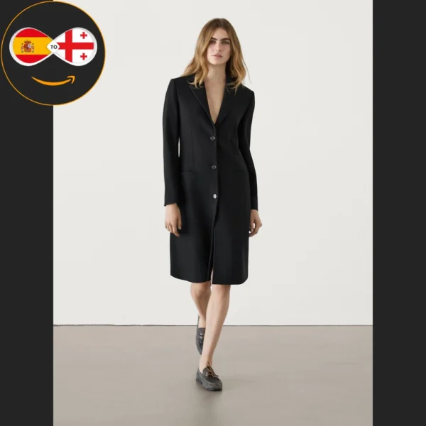 Massimo Dutti Long wool blend coat with pockets (BLACK)